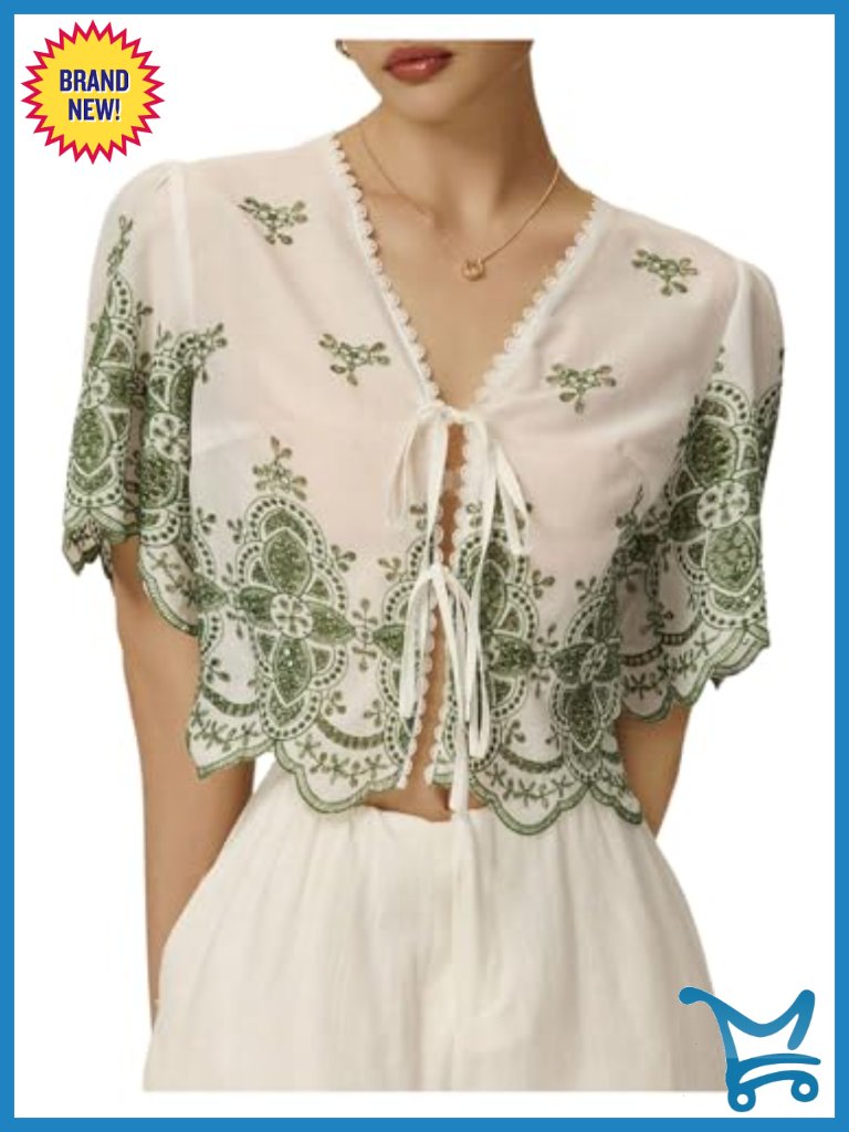 Women's Hollow Tie Front Crop Top Ruffle Short Sleeve V Neck Blouse
